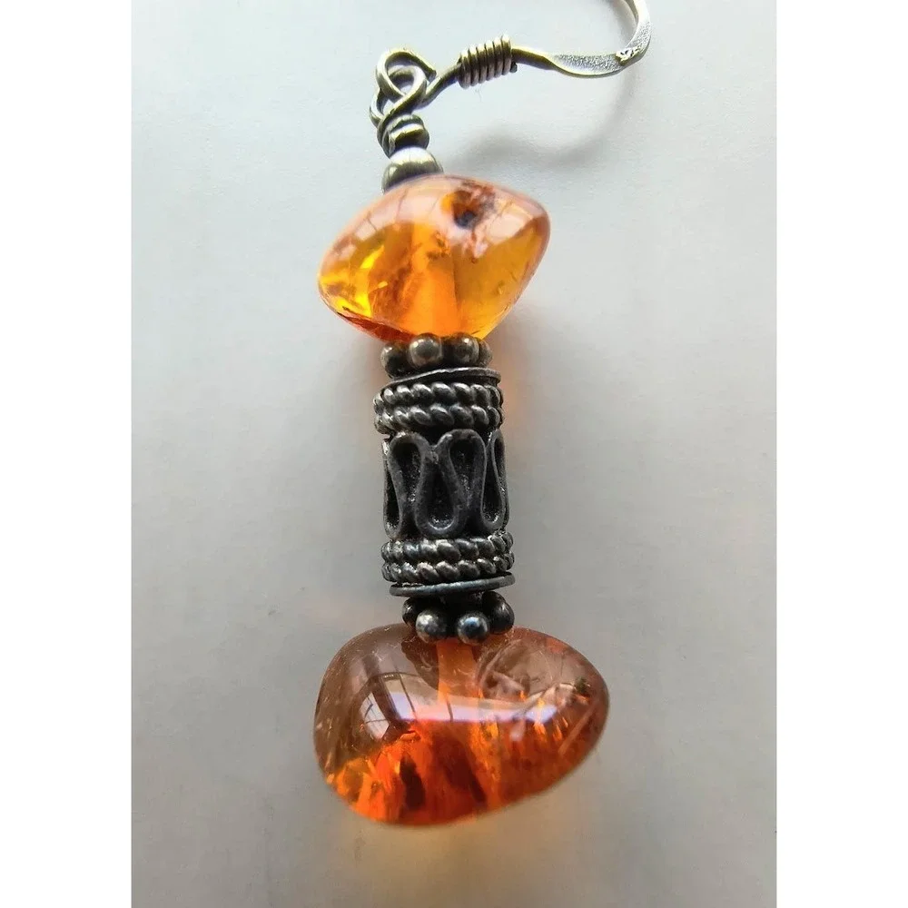 Vtg Sterling Silver‎ Baltic Amber Drop Earrings Cognac Honey Artisan Dangle 925